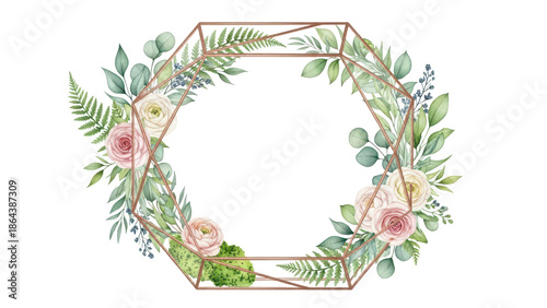 Geometric crystal frame with watercolor floral decoration Terrarium shape border with greenery for modern wedding invite