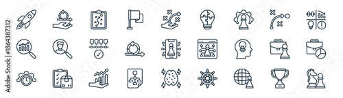 linear strategy and planning icon pack. vector thin line icons collection such as trophy, agile, planning, strategic plan, agile, pie chart, brainstorm, strategy