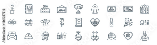 linear mothers day icon pack. vector thin line icons collection such as heart, photo album, cake, best mom, rose, make up, diamond ring, apron
