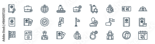 linear immigration icon pack. vector thin line icons collection such as stop, briefcase, immigration, ticket flight, approved, custom clearance, business trip, calendar
