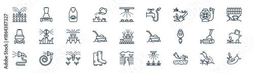 linear automatic lawn watering icon pack. vector thin line icons collection such as seeding, lawn mower, apron, water pipe, lawn mower, water spray, water spray, seeding