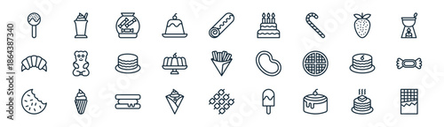 linear desserts icon pack. vector thin line icons collection such as pancake, sundae, candy jar, strawberry, jelly, candy, marshmallow, chote bar