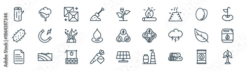 linear natural resources icon pack. vector thin line icons collection such as oil barrel, cotton, gem, eggs, zen, gasoline, solar panel, wind energy