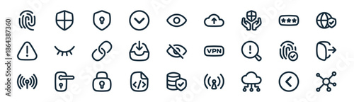 linear internet security icon pack. vector thin line icons collection such as chevron, shield, privacy, password, inbox,  , server, network