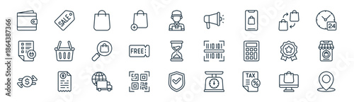 linear ecommerce icon pack. vector thin line icons collection such as online shopping, sale tag, shopping bag, exchange, voucher, retail store, guarantee, location