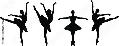ballet dancer silhouettes set, graceful female ballet poses, classical dance vector illustration, black isolated figures, performing arts collection