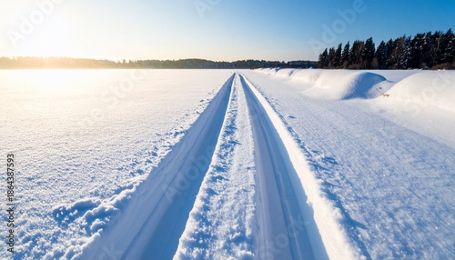 Snowy landscape with ski tracks leading towards a bright, sunny horizon and treeline