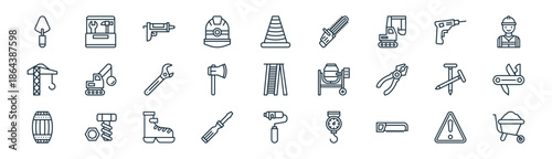 linear construction tools icon pack. vector thin line icons collection such as danger, toolbox, caulking, driller, hatchet, pocket knife, paint roller, wheelbarrow