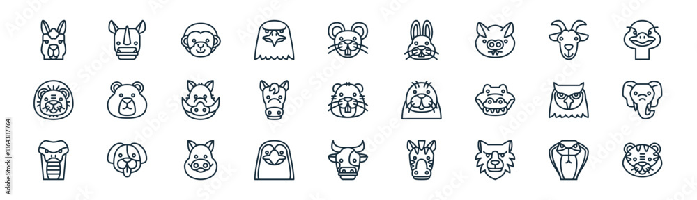 Fototapeta premium linear animal icon pack. vector thin line icons collection such as cobra, rhino, monkey, goat, horse, elephant, cow, tiger