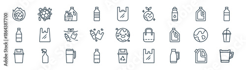 linear plastic pollution icon pack. vector thin line icons collection such as detergent, turtle, plastic bottles, detergent, rubbish, plastic cup, recycling bin, tumbler