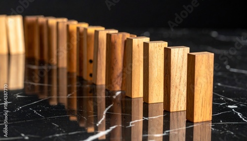 Close-up of wooden blocks in a line, poised to fall on a glossy surface