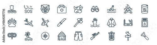 linear survival icon pack. vector thin line icons collection such as  , sos, bear, fire, knife, matches, pants, flashlight