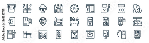 linear self service icon pack. vector thin line icons collection such as scanner, charging, ticket, pin code, phone, fuel station, coffee hine, shopping mall