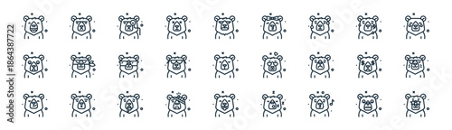 linear bear character icon pack. vector thin line icons collection such as fear, angry, teacher, hurt, d glasses, pirate, tongue, rich