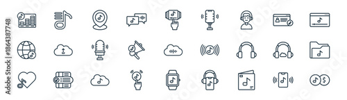 linear music streaming icon pack. vector thin line icons collection such as music, music playlist, location, profile, loudspeaker, folder, smartwatch,