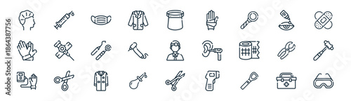 linear doctor equipment icon pack. vector thin line icons collection such as first, syringe, face, eye, tooth, reflex, surgery, safety