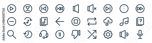 linear music application icon pack. vector thin line icons collection such as music, music,