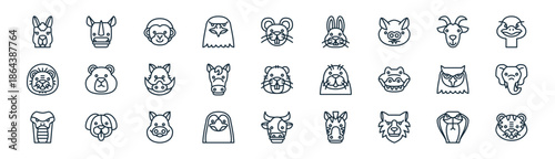 linear animal icon pack. vector thin line icons collection such as cobra, rhino, monkey, goat, horse, elephant, cow, tiger