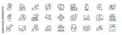 linear investment icon pack. vector thin line icons collection such as gold, investor, dividend, bomb, data analysis, real estate, bank, portfolio