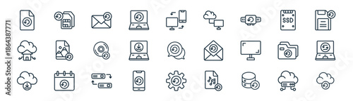 linear backup icon pack. vector thin line icons collection such as cloud storage,  , email, ssd, save, synchhronize, restore, backup