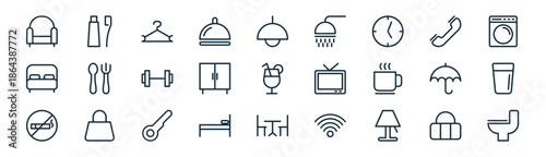 linear hotel and restaurant icon pack. vector thin line icons collection such as baggage, dental care, hanger, telephone, cupboard, glass of water, dining room, toilet