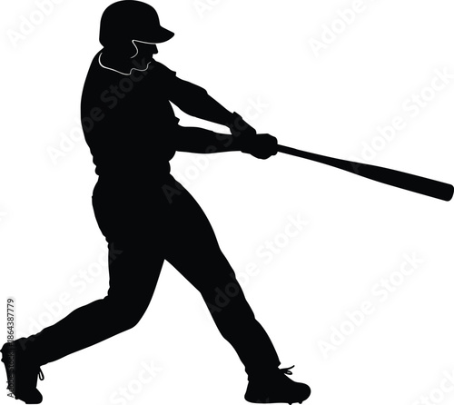 Baseball batter silhouette swinging bat, professional sports action, athlete motion, isolated black figure, competitive game concept illustration