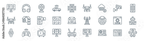 linear internet of things icon pack. vector thin line icons collection such as fingerprint scanner, headphones, webcam, cctv, forecast, robot, router, speaker