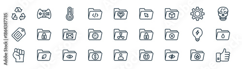 linear folders icon pack. vector thin line icons collection such as favourite, game, temperature, ting, clock, water, contacts, like