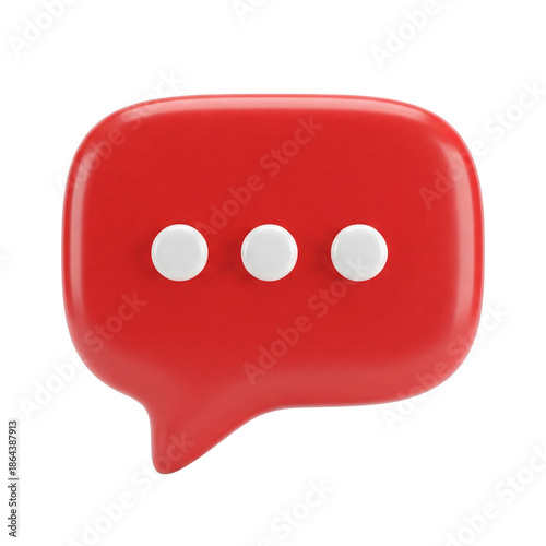 High-quality 3D red speech bubble chat icon with three white dots, isolated on a white background. Concept of communication, messaging, notification, customer support, chat application, social media