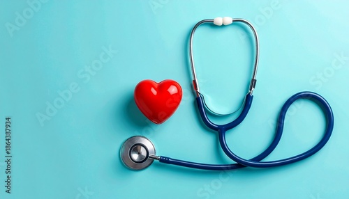 A red heart sits beside a stethoscope on a light blue background