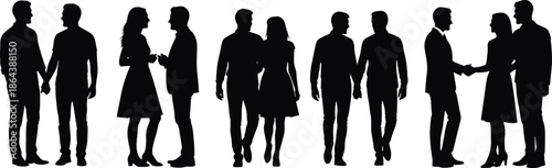 business people silhouettes communication teamwork, professional couples walking and handshaking, corporate meeting interaction concept, office collaboration vector illustration