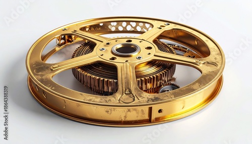 Detailed close-up of a golden movie reel with intricate gears against a white backdrop