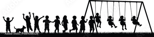 children playground swing silhouette vector, kids playing in park illustration, childhood fun outdoor activity, black white design