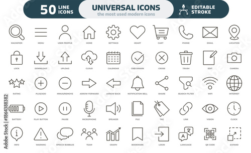 Universal icons set. 50 most used modern symbols. Thin line vector illustration editable stroke. Interface symbols, business, finance, commerce, marketing, web design