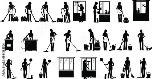 Cleaning service worker silhouettes set, housekeeping and janitorial tasks, professional maid activities, black and white vector illustration