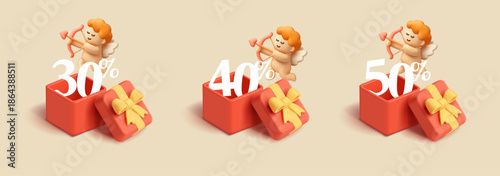 3D set of gift boxes with discounts and cupid shooting arrows of love from a bow. Happy Valentine's Day discount and sale concepts. Vector illustration.
