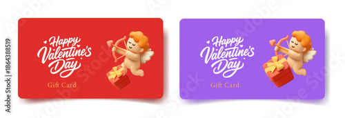 Valentine's day gift cards. 3D cupid character with bow, arrow and gift. For love, romance, proposal concepts. Vector illustration.