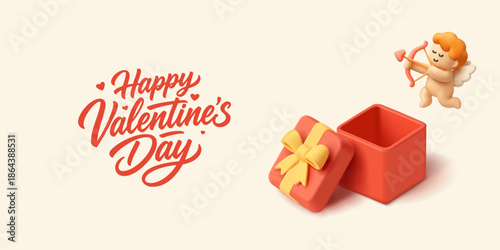 Valentine's Day. 3D empty red gift box and flying cupid. Banner template for advertising goods and products. Vector illustration.