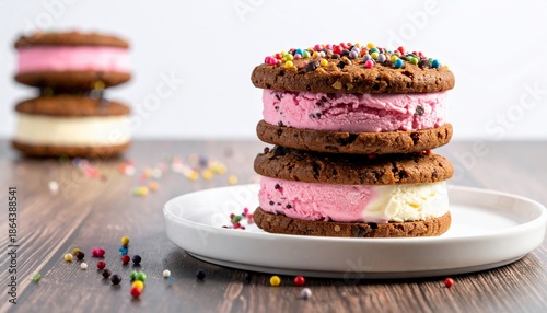 Stacked ice cream sandwiches on a plate with scattered sprinkles and cookies