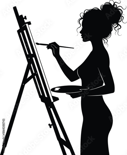 Creative female artist silhouette painting on easel, artistic woman holding brush and palette, fine art studio concept, black vector illustration