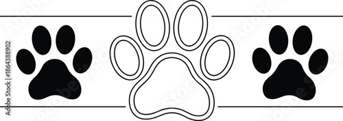 dog paw print banner vector, pet footprint symbol illustration, animal care concept design, black white silhouette, isolated background template