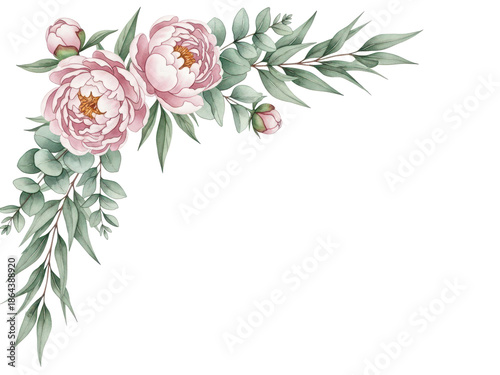 Elegant watercolor corner element featuring peonies and eucalyptus in sage and blush pink isolated on white background