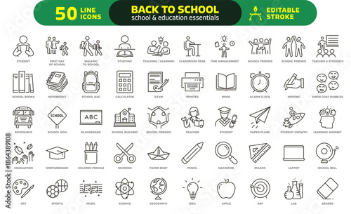Back to school icon set. Thin line editable stroke icons for school supplies, education, students, teachers, classroom essentials and learning themes