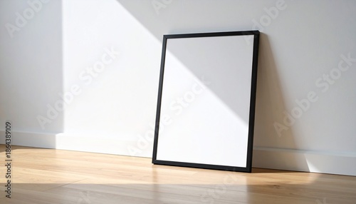 Framed, blank artwork leaning against white wall with angled sunlight