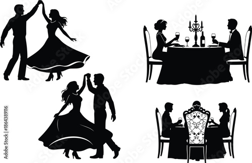 Elegant romantic couple silhouettes dancing and dining together, luxury date night scenes, love relationship concept, black vector illustration