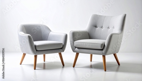 Two contemporary gray armchairs with wooden legs against a white background