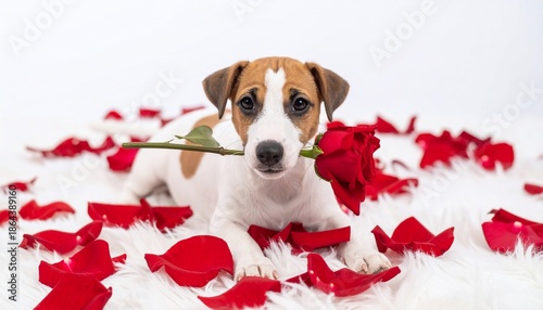 A puppy lies on a fluffy white rug, holding a red rose in its mouth, surrounded by petals