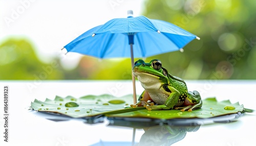 A green frog under a blue umbrella rests on a lily pad with blurred green background