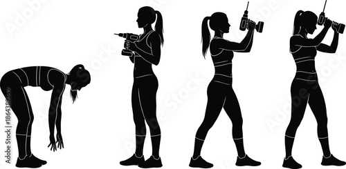 female fitness drill workout silhouette set, woman training with power tools concept, strong body exercise vector illustration collection