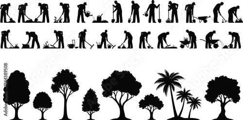 Gardening people silhouettes set, men and women working with tools, tree and palm icons collection isolated on white background